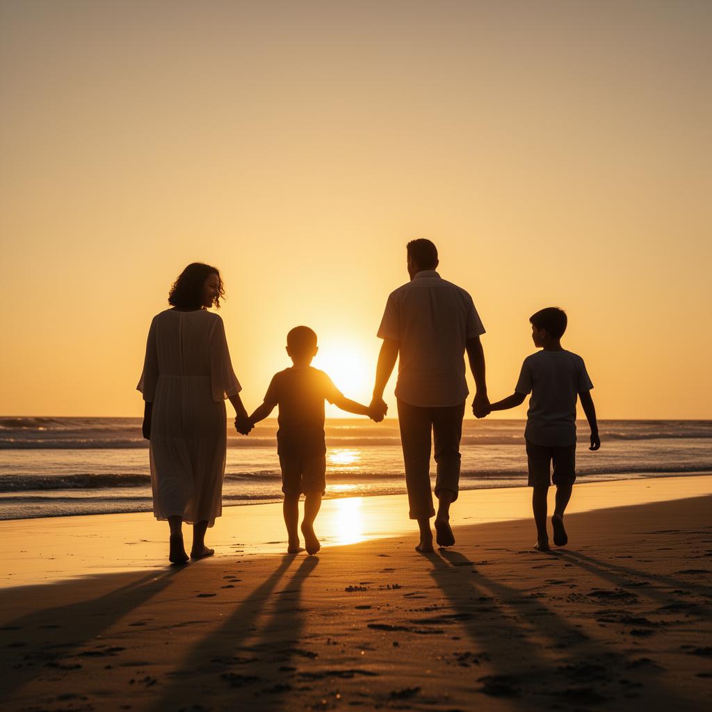Família caminha na praia ao pôr-do-sol